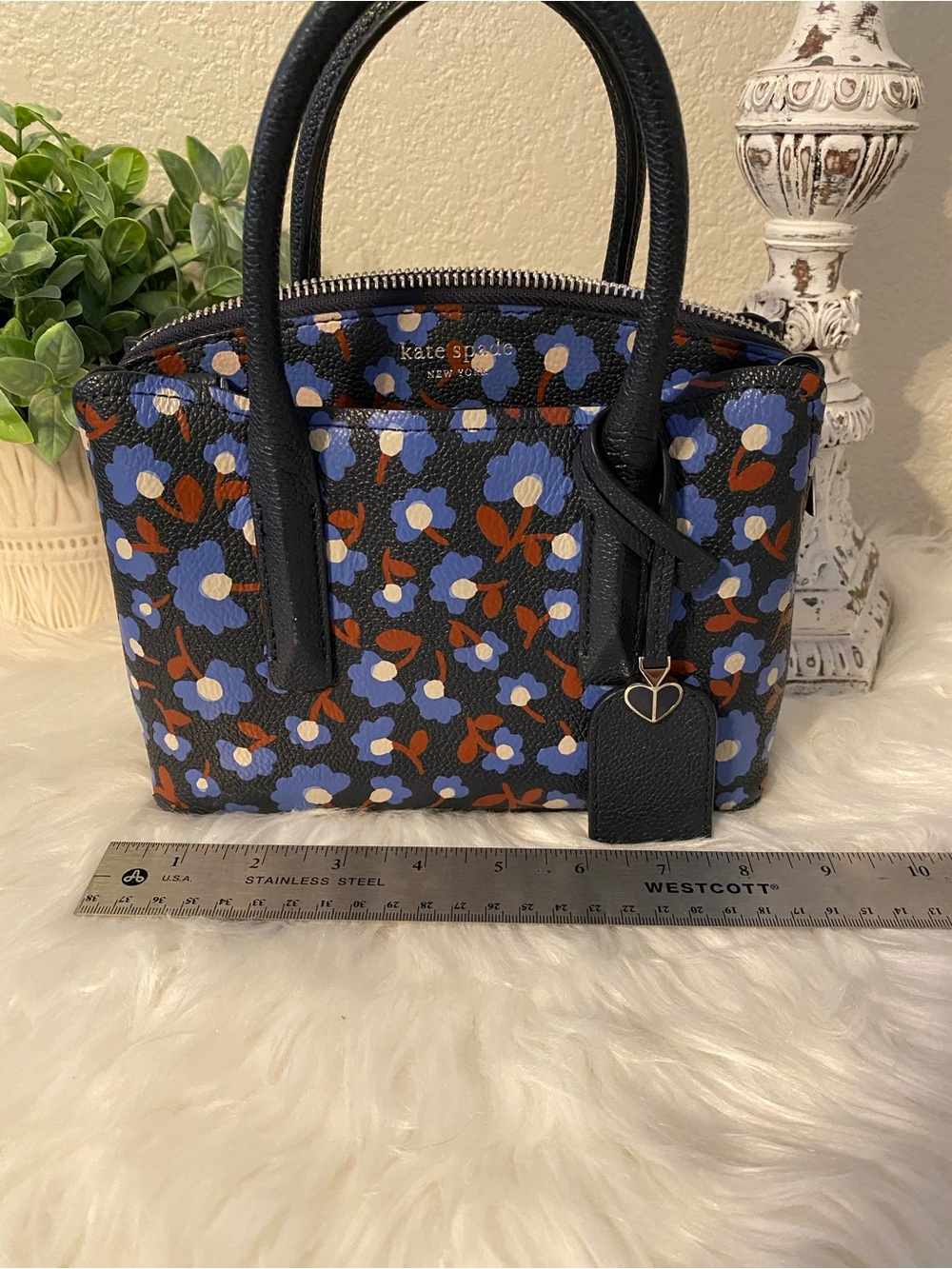 kate spade Blue Floral Small Satchel w/ adjustable detachable crossbody like new - Picture 13 of 15